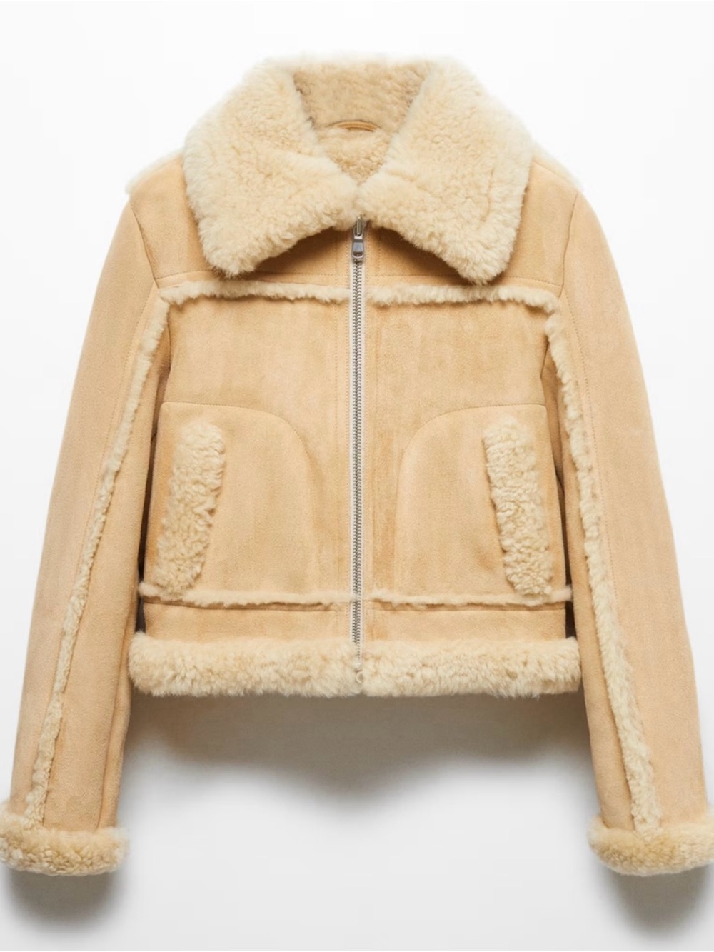 Cropped Shearling Zip-Front Leather Jacket in Beige